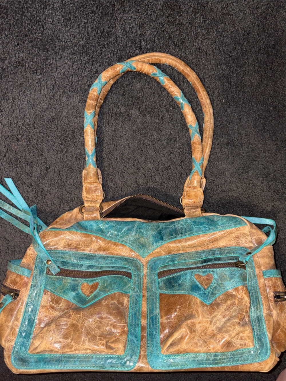 Turquoise and Tan Heart Accent Shoulder Bag
